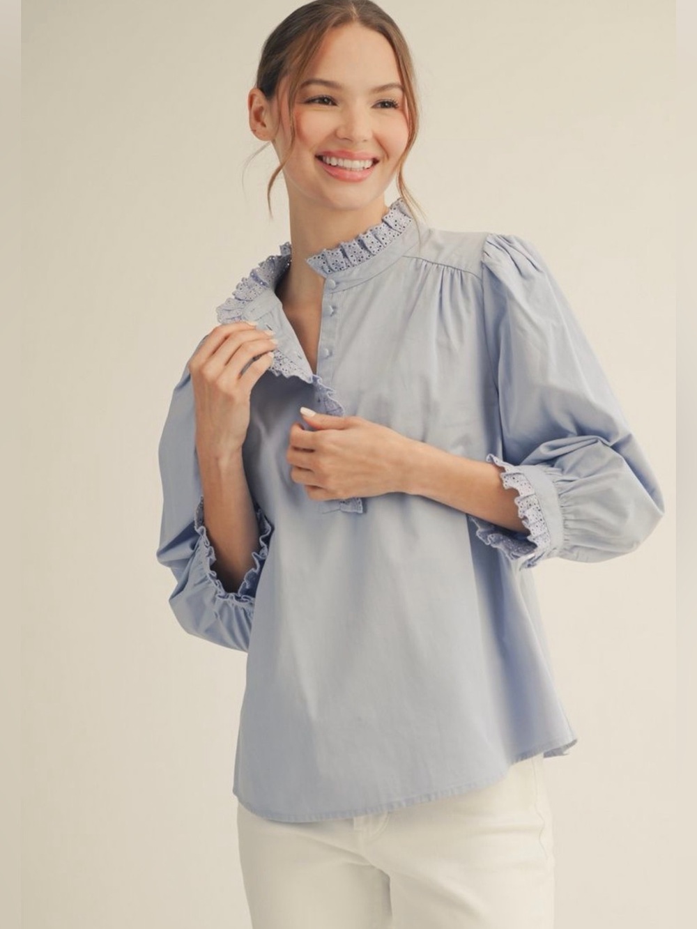NWT Women's Light Blue Ruffle Collar Blouse